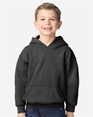 Gildan Youth Heavy Blend Hoodie in Fan Charcoal Heather, worn by a model - customize with your own design at T-Mania Custom Apparels, Richmond VA
