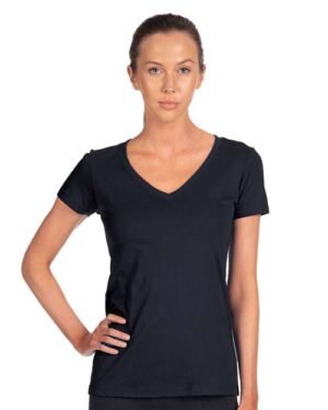 NEXT LEVEL LADIES' IDEAL V-NECK TEE in Midnight Navy, worn by a model - customize with your own design at T-Mania Custom Apparels, Richmond VA