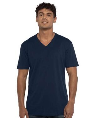 NEXT LEVEL COTTON V NECK in Midnight Navy, worn by a model - customize with your own design at T-Mania Custom Apparels, Richmond VA