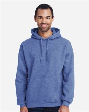 Gildan® Heavy Blend™  Adult Hooded Sweatshirt in Heather Deep Royal, worn by a model - customize with your own design at T-Mania Custom Apparels, Richmond VA