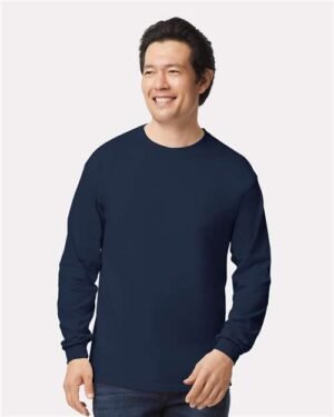 Gildan Unisex Long Sleeve T-Shirt in Navy, worn by a model - customize with your own design at T-Mania Custom Apparels, Richmond VA