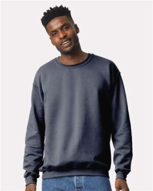 Gildan Unisex Crewneck Sweatshirt in Heather Dark Navy, worn by a model - customize with your own design at T-Mania Custom Apparels, Richmond VA